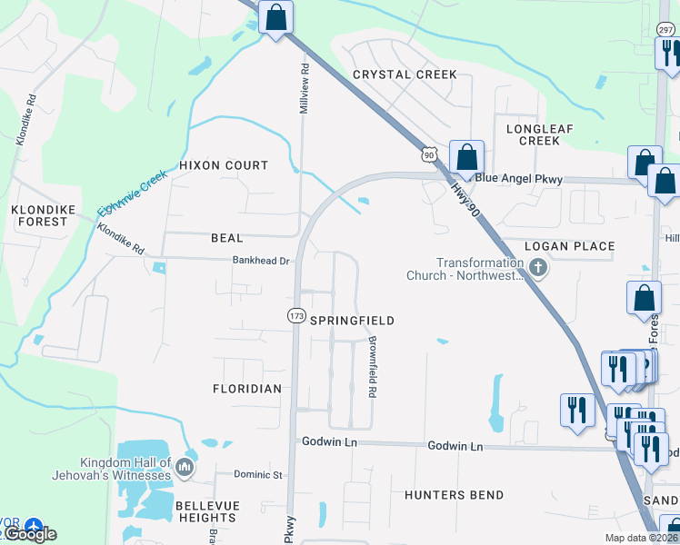 map of restaurants, bars, coffee shops, grocery stores, and more near 1170 Brownfield Road in Pensacola