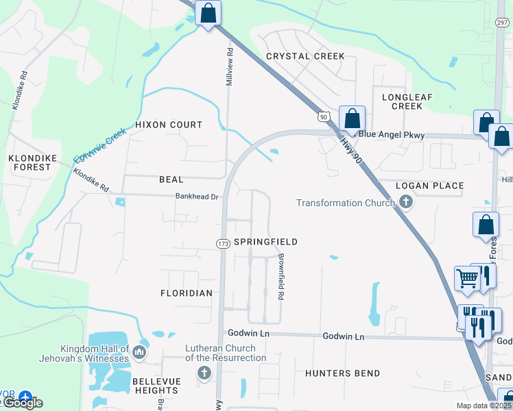 map of restaurants, bars, coffee shops, grocery stores, and more near 3115 Flintlock Drive in Pensacola