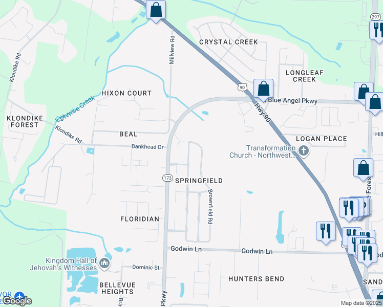 map of restaurants, bars, coffee shops, grocery stores, and more near 1170 Brownfield Road in Pensacola