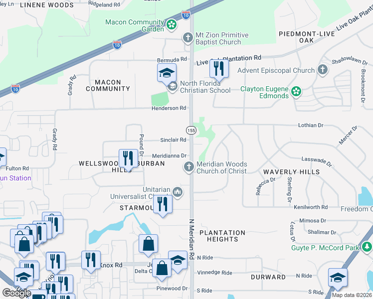 map of restaurants, bars, coffee shops, grocery stores, and more near 2904 North Meridian Road in Tallahassee