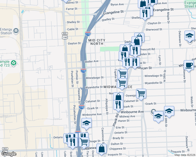 map of restaurants, bars, coffee shops, grocery stores, and more near 3778 Uncas Street in Baton Rouge