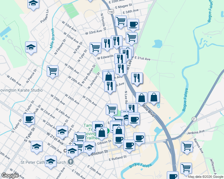 map of restaurants, bars, coffee shops, grocery stores, and more near 121 West 29th Avenue in Covington
