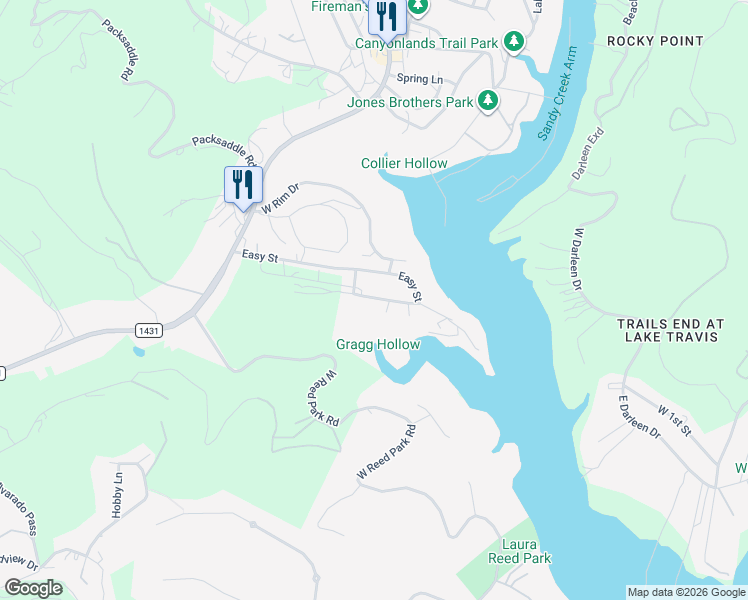 map of restaurants, bars, coffee shops, grocery stores, and more near 18111 Gregg Bluff Road in Jonestown