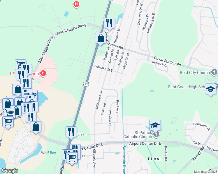map of restaurants, bars, coffee shops, grocery stores, and more near 227 Beall Avenue North in Jacksonville
