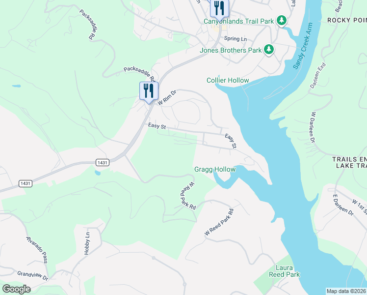 map of restaurants, bars, coffee shops, grocery stores, and more near 18313 Easy Street in Jonestown