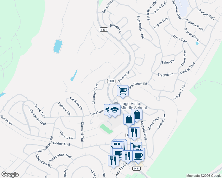 map of restaurants, bars, coffee shops, grocery stores, and more near 8109 Bronco Lane in Lago Vista