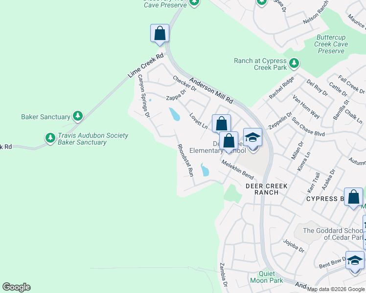 map of restaurants, bars, coffee shops, grocery stores, and more near 1106 Rhondstat Run in Cedar Park
