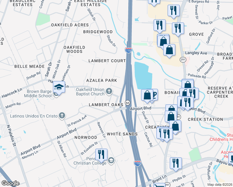 map of restaurants, bars, coffee shops, grocery stores, and more near 468 Hancock Lane in Pensacola
