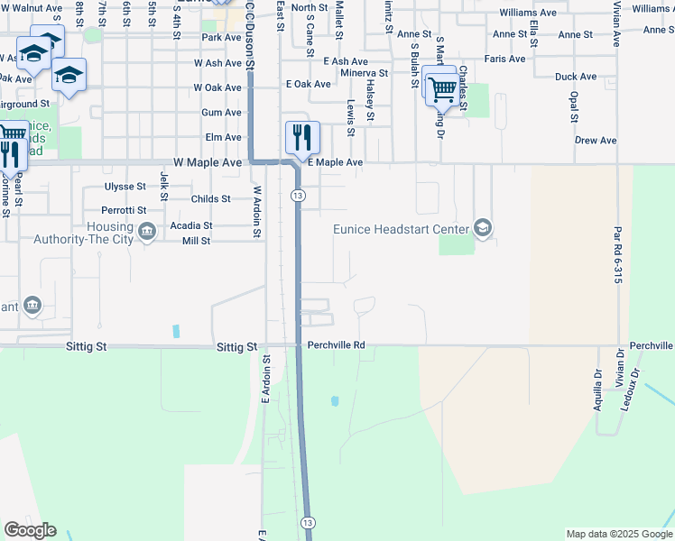 map of restaurants, bars, coffee shops, grocery stores, and more near 401-425 Liberty Street in Eunice