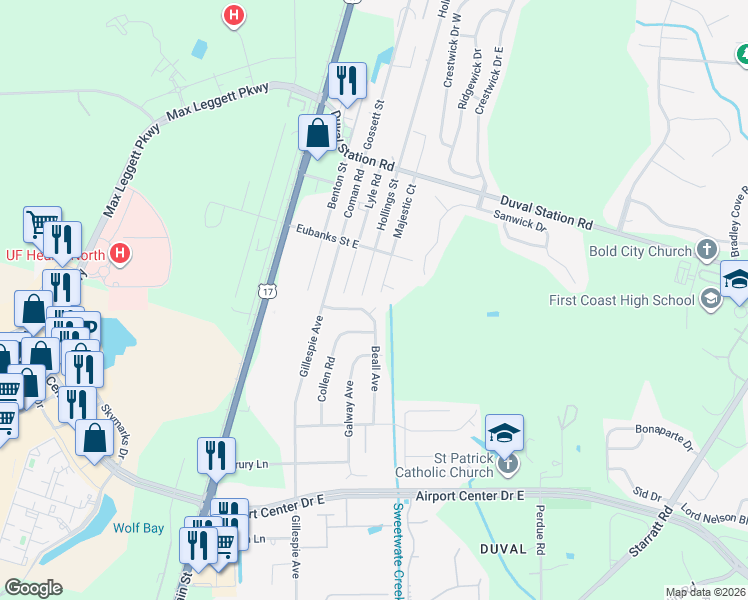 map of restaurants, bars, coffee shops, grocery stores, and more near 271 Beall Court in Jacksonville