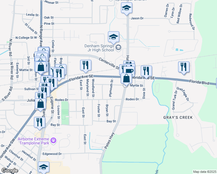 map of restaurants, bars, coffee shops, grocery stores, and more near 820 Myrtle Street in Denham Springs