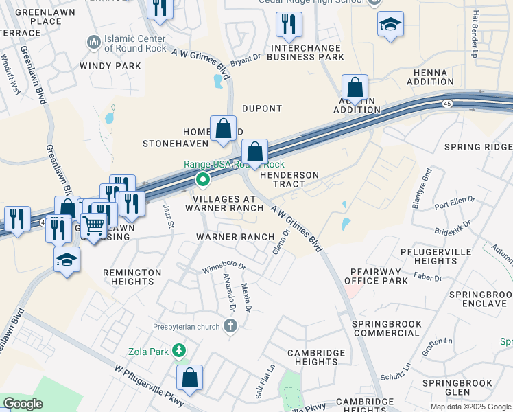 map of restaurants, bars, coffee shops, grocery stores, and more near 2650 A.W. Grimes Boulevard in Round Rock