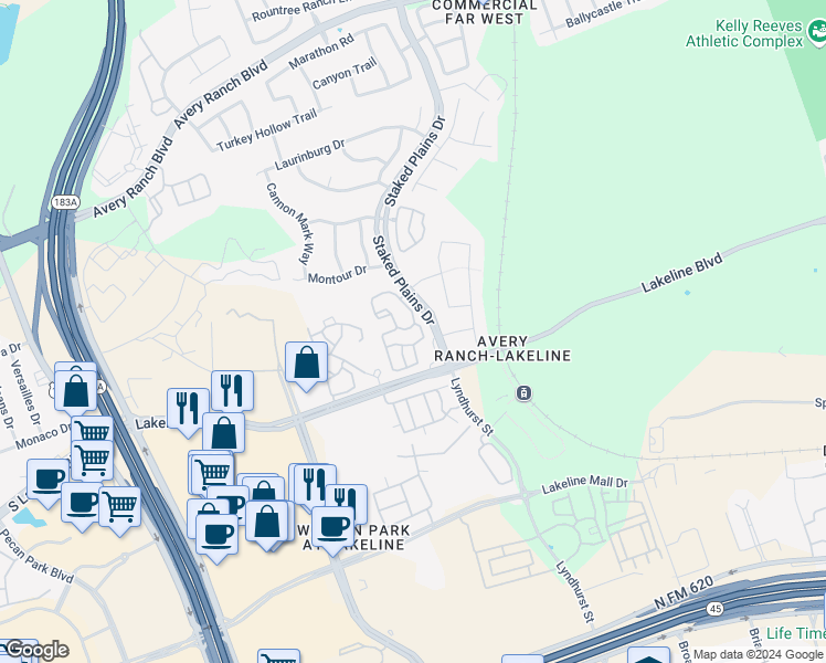map of restaurants, bars, coffee shops, grocery stores, and more near 11213 Avery Station Loop in Austin