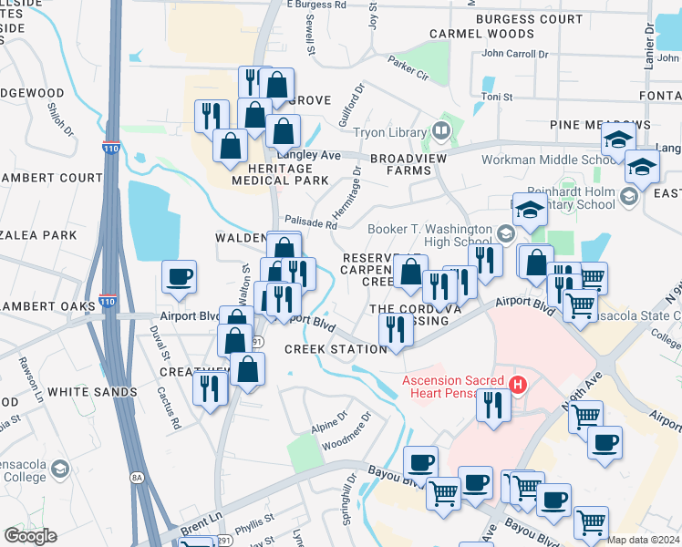 map of restaurants, bars, coffee shops, grocery stores, and more near 5955 Creek Side Circle in Pensacola