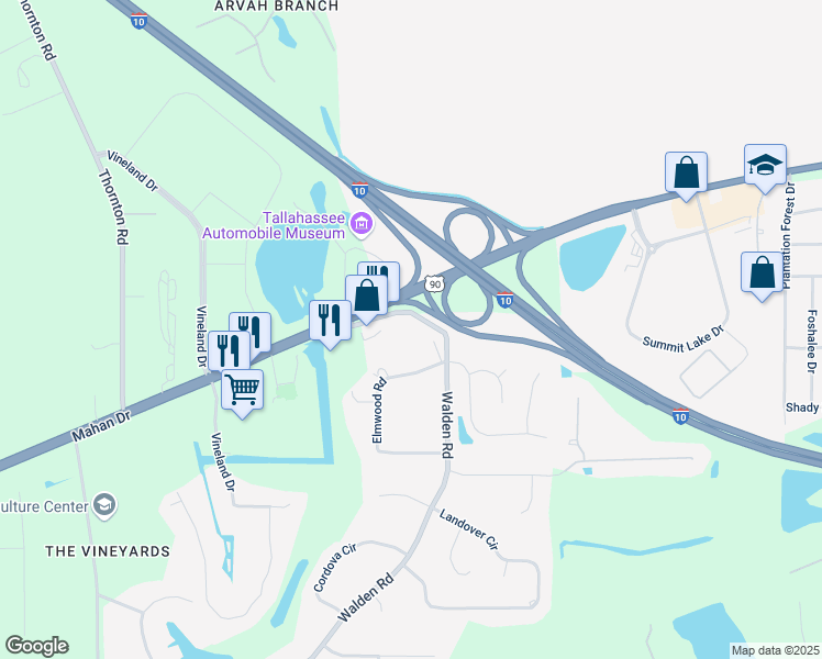 map of restaurants, bars, coffee shops, grocery stores, and more near 3080 Walden Road in Tallahassee