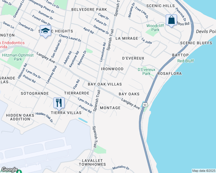 map of restaurants, bars, coffee shops, grocery stores, and more near 4214 Spanish Trail Place in Pensacola