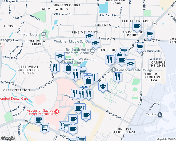map of restaurants, bars, coffee shops, grocery stores, and more near 700 College Boulevard in Pensacola