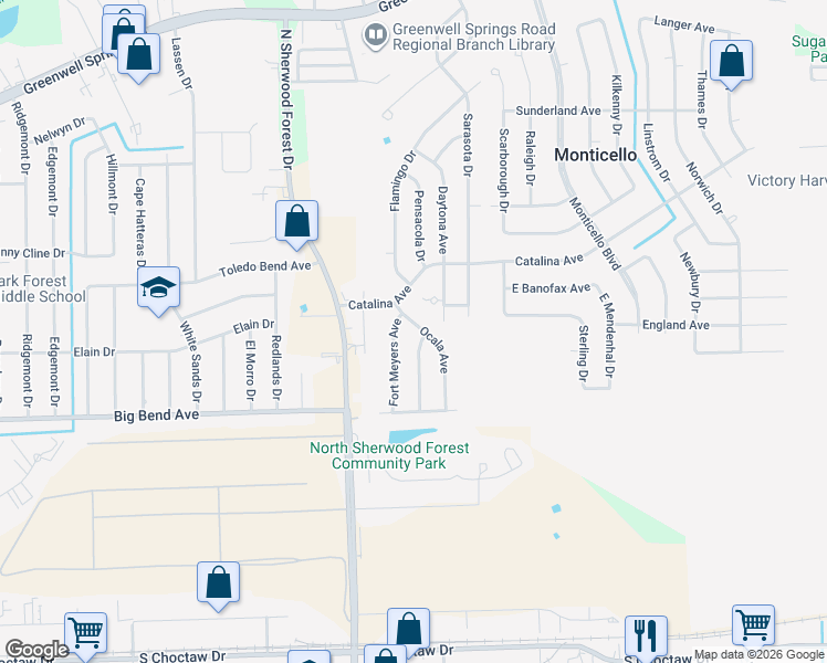 map of restaurants, bars, coffee shops, grocery stores, and more near 3625 Ocala Avenue in Baton Rouge