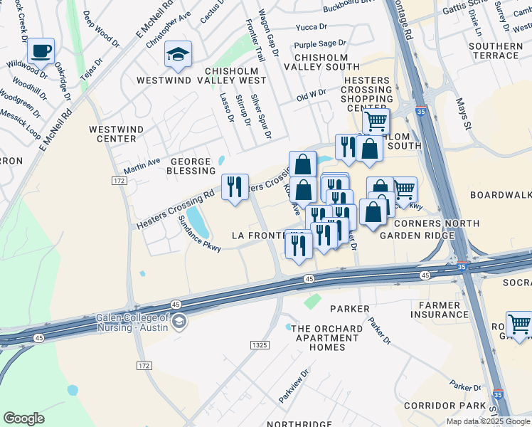 map of restaurants, bars, coffee shops, grocery stores, and more near 3 La Frontera Boulevard in Round Rock