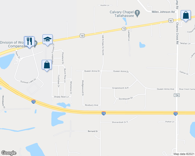 map of restaurants, bars, coffee shops, grocery stores, and more near 2062 Hill North Dale Drive North in Tallahassee