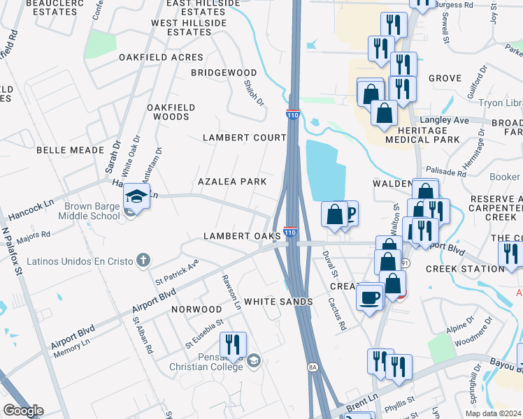 map of restaurants, bars, coffee shops, grocery stores, and more near 468 Hancock Lane in Pensacola