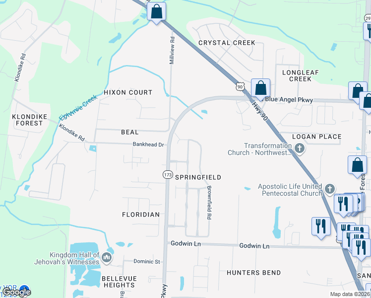 map of restaurants, bars, coffee shops, grocery stores, and more near 6570 North Blue Angel Parkway in Pensacola