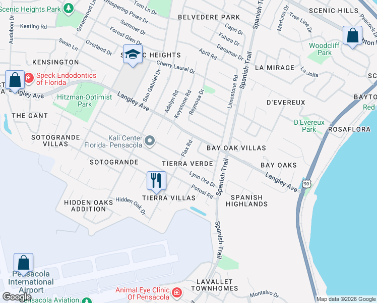 map of restaurants, bars, coffee shops, grocery stores, and more near 5465 Primrose Drive in Pensacola