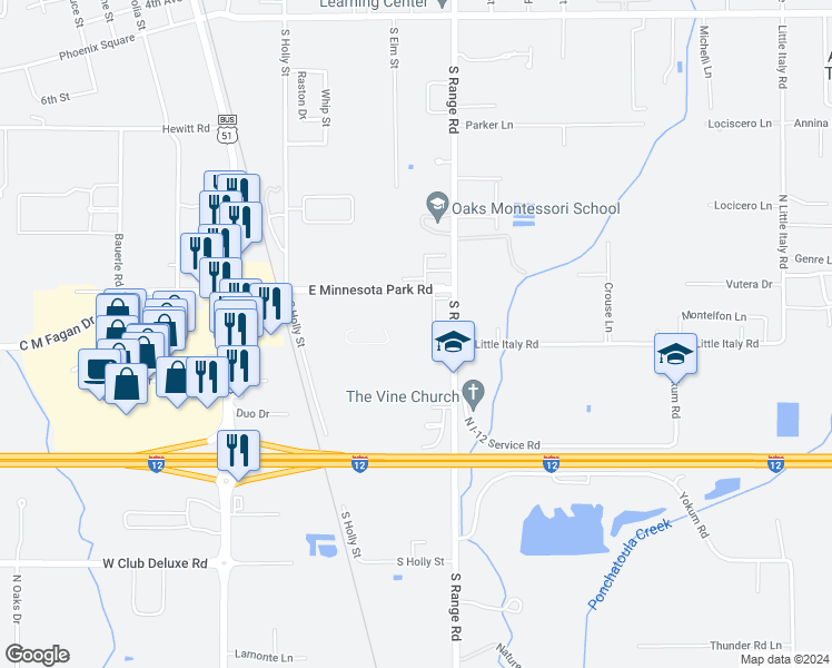 map of restaurants, bars, coffee shops, grocery stores, and more near 16220 East Minnesota Park Road in Hammond