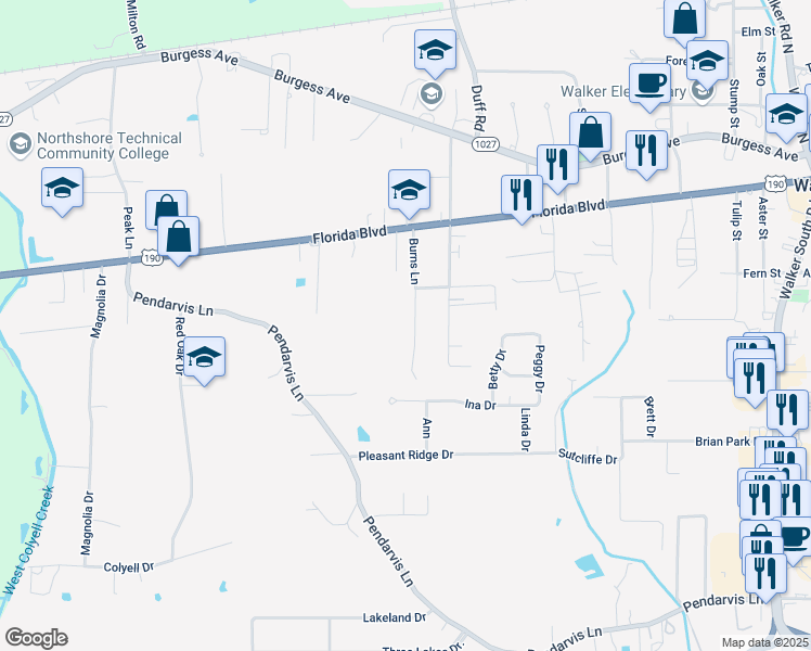 map of restaurants, bars, coffee shops, grocery stores, and more near 29273 Burns Lane in Walker