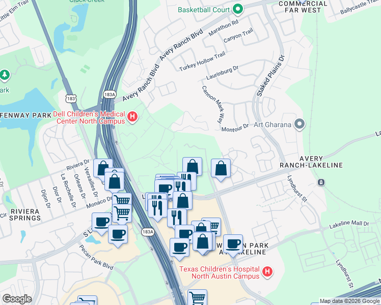 map of restaurants, bars, coffee shops, grocery stores, and more near 9500 North Lake Creek Parkway in Austin