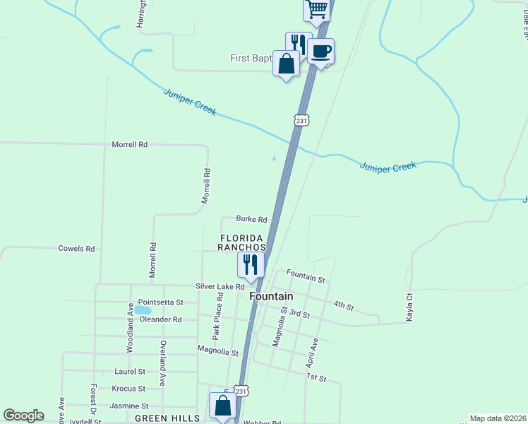 map of restaurants, bars, coffee shops, grocery stores, and more near 12239 Burke Road in Fountain