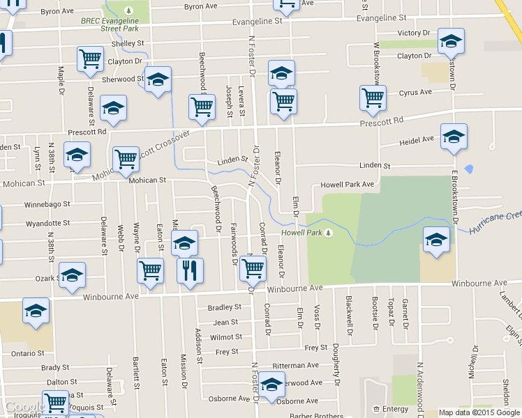 map of restaurants, bars, coffee shops, grocery stores, and more near 3702 Conrad Dr in Baton Rouge