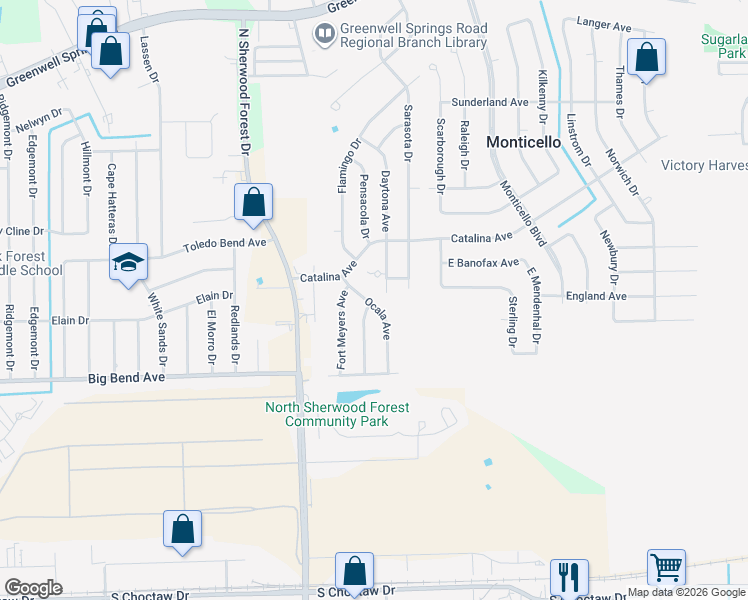 map of restaurants, bars, coffee shops, grocery stores, and more near 3584 Ocala Avenue in Baton Rouge