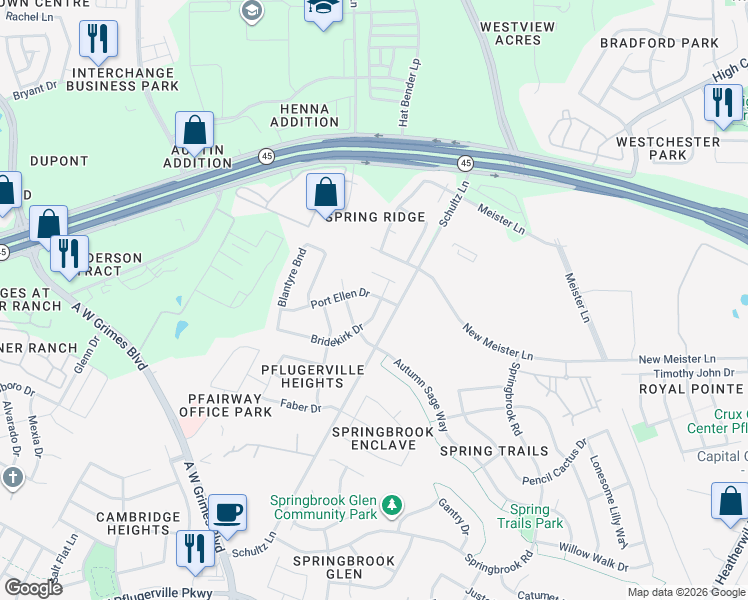 map of restaurants, bars, coffee shops, grocery stores, and more near 2705 Bridekirk Drive in Round Rock