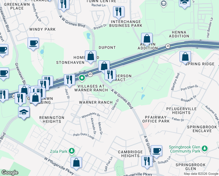 map of restaurants, bars, coffee shops, grocery stores, and more near 2700 A W Grimes Boulevard in Round Rock