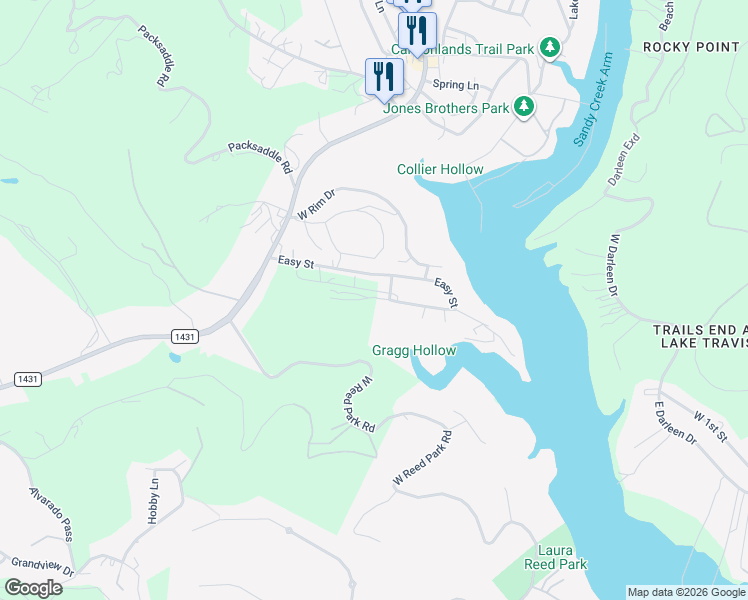 map of restaurants, bars, coffee shops, grocery stores, and more near 18209 Gregg Bluff Road in Jonestown