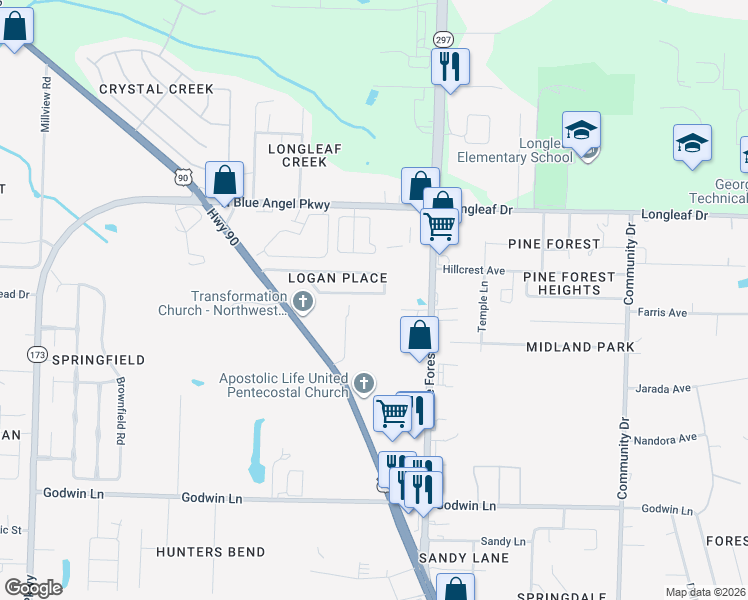 map of restaurants, bars, coffee shops, grocery stores, and more near 3320 Wasatch Range Loop in Pensacola