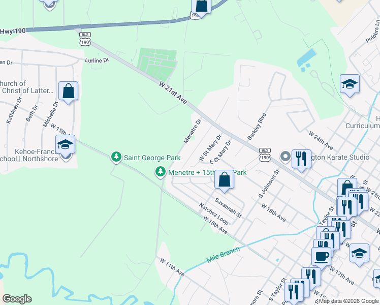 map of restaurants, bars, coffee shops, grocery stores, and more near 327 West Saint Mary Drive in Covington