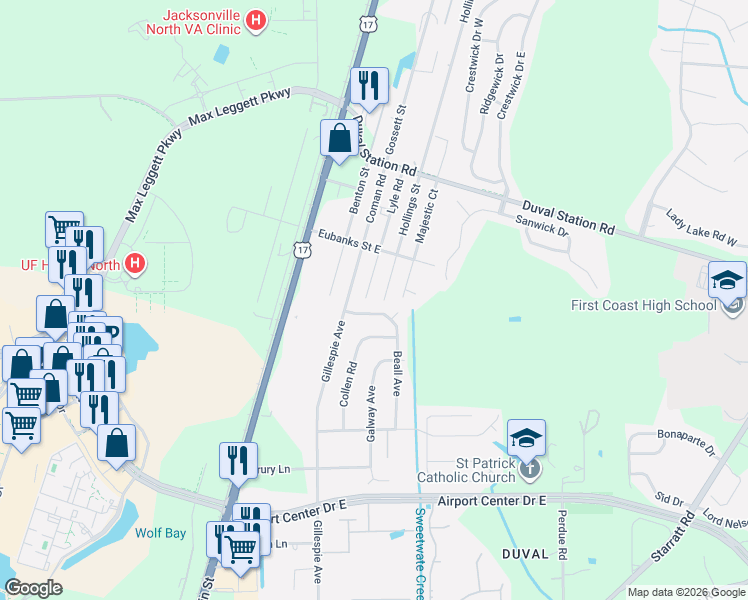 map of restaurants, bars, coffee shops, grocery stores, and more near 227 Beall Avenue North in Jacksonville