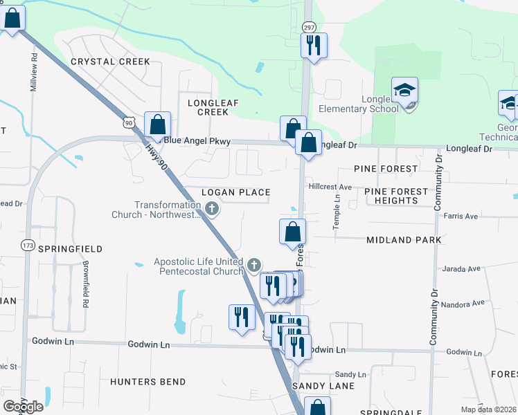 map of restaurants, bars, coffee shops, grocery stores, and more near 3320 Wasatch Range Loop in Pensacola