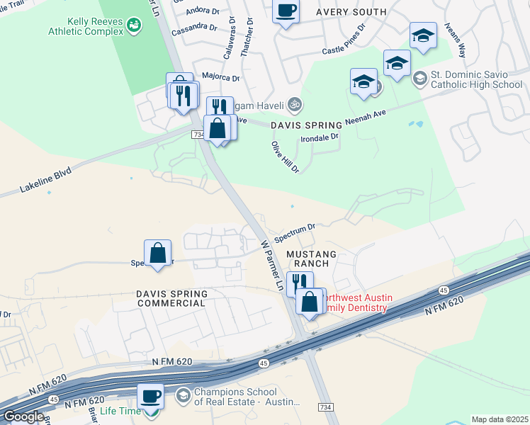 map of restaurants, bars, coffee shops, grocery stores, and more near 9600 West Parmer Lane in Austin