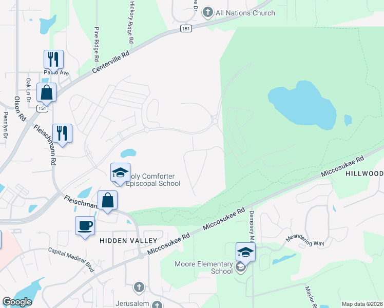 map of restaurants, bars, coffee shops, grocery stores, and more near 3662 Meadow Vista Ln. in Tallahassee