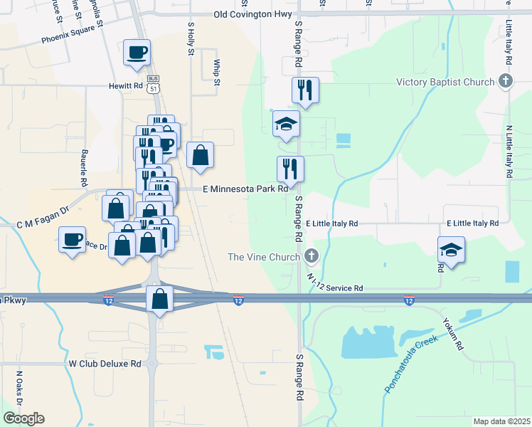 map of restaurants, bars, coffee shops, grocery stores, and more near 16220 East Minnesota Park Road in Hammond
