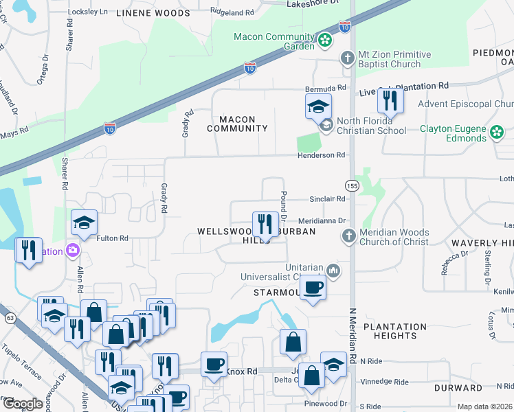 map of restaurants, bars, coffee shops, grocery stores, and more near 236 Meridianna Drive in Tallahassee