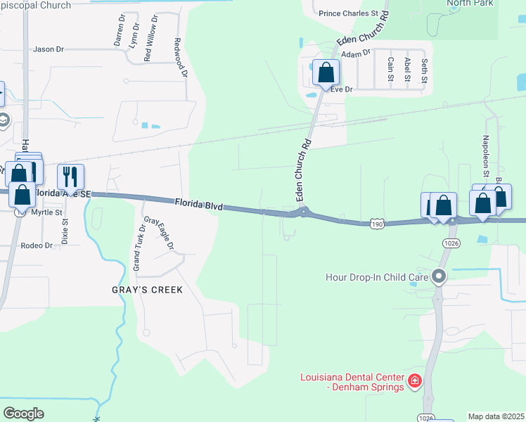 map of restaurants, bars, coffee shops, grocery stores, and more near 8049b Florida Boulevard in Denham Springs