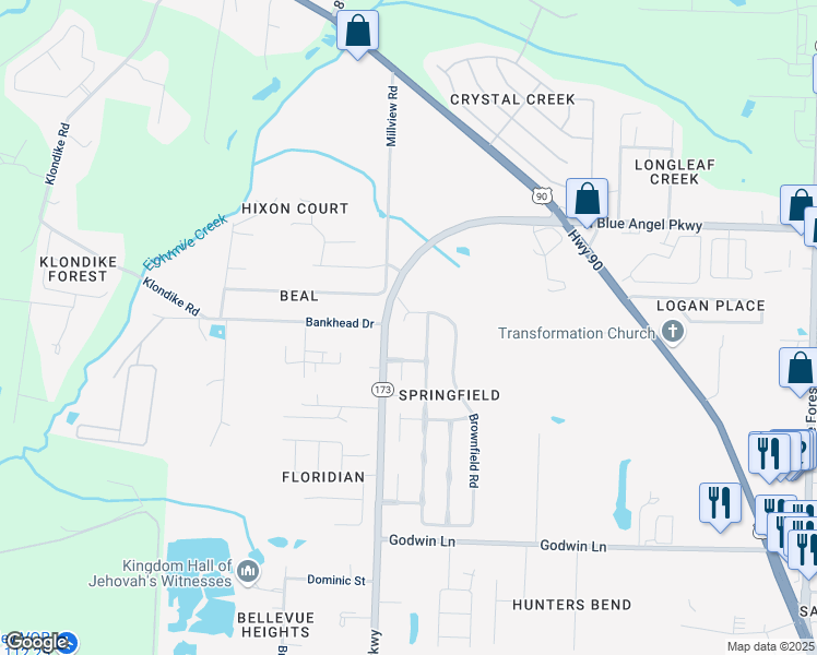 map of restaurants, bars, coffee shops, grocery stores, and more near 1272 Brownfield Road in Pensacola