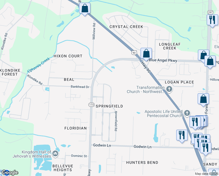map of restaurants, bars, coffee shops, grocery stores, and more near 1170 Brownfield Road in Pensacola