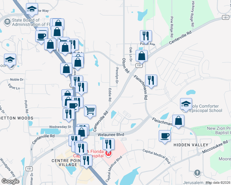 map of restaurants, bars, coffee shops, grocery stores, and more near 2402 Pennlyn Drive in Tallahassee