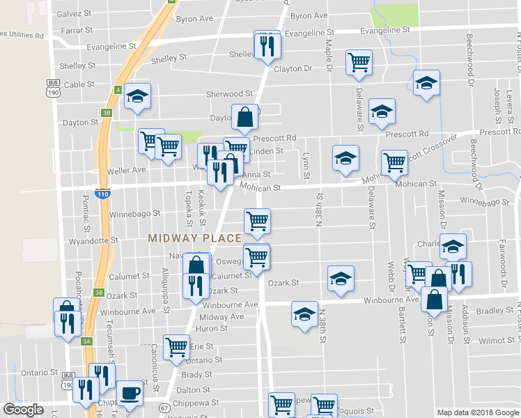 map of restaurants, bars, coffee shops, grocery stores, and more near 3301 Winnebago Street in Baton Rouge