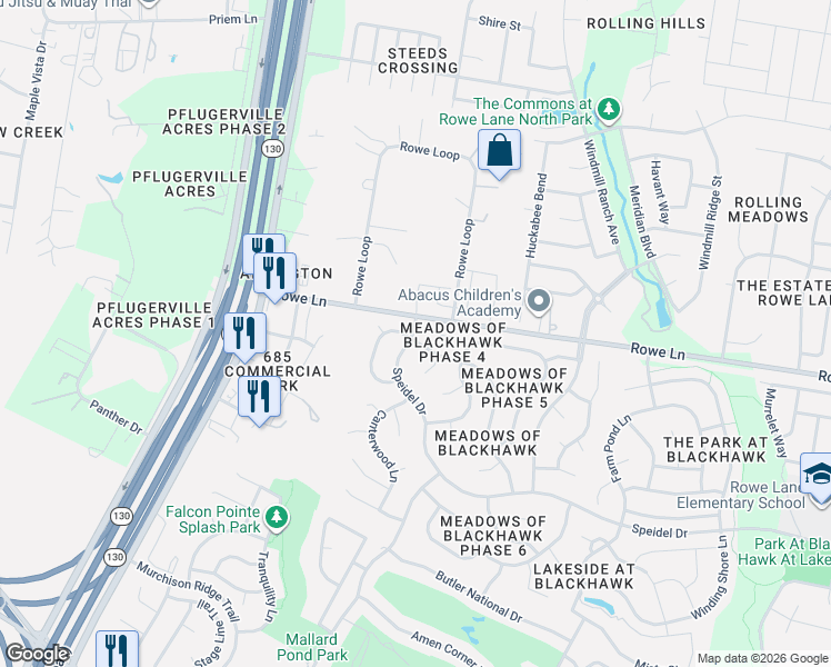map of restaurants, bars, coffee shops, grocery stores, and more near 20404 Bellerive Drive in Pflugerville
